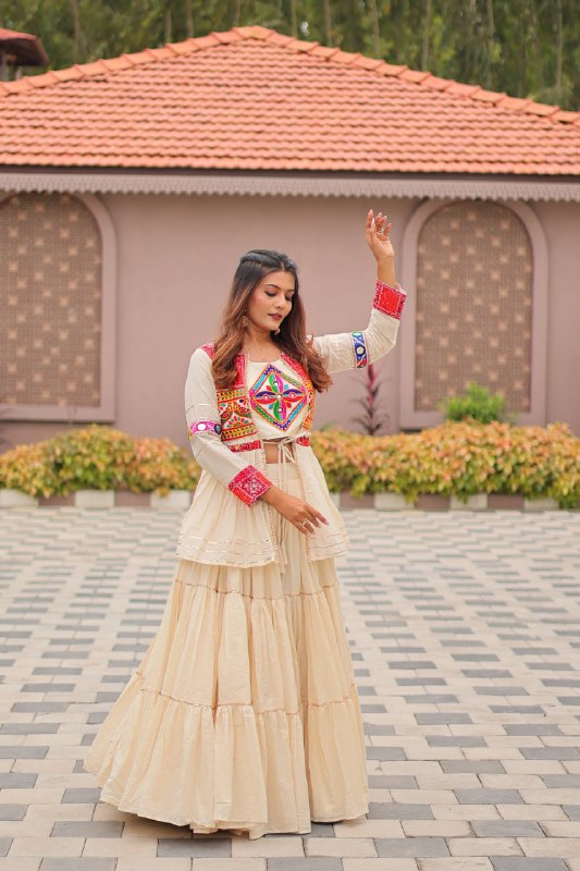 Garba Glow Cream Tiered Lehenga with Kutchi Jacket