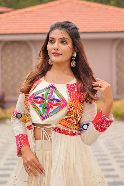 Garba Glow Cream Tiered Lehenga with Kutchi Jacket