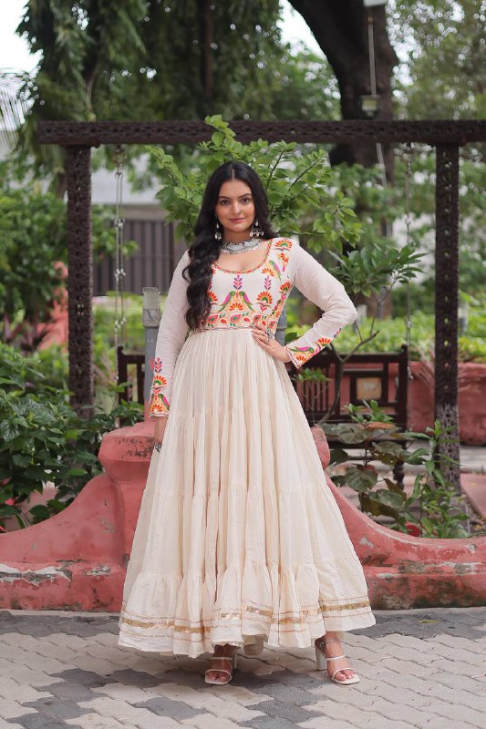 Sharvani Style Embroidered Cream With Multicolor Threadwork Gown