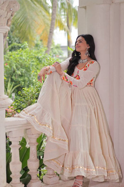 Sharvani Style Embroidered Cream With Multicolor Threadwork Gown