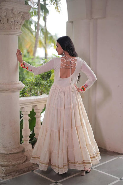 Sharvani Style Embroidered Cream With Multicolor Threadwork Gown