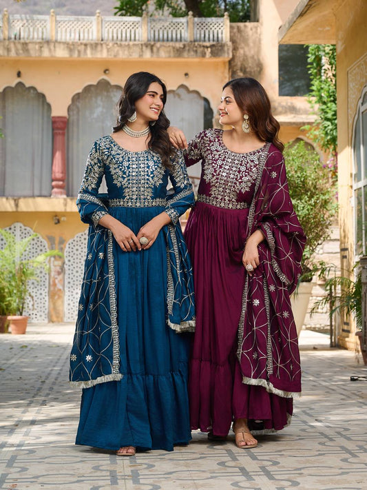 Prishaaya pure Vichitra silk Long Gown & Hevy Duptta set
