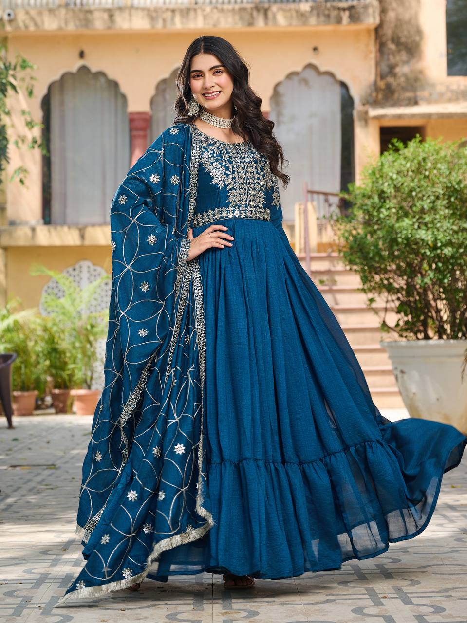 Prishaaya pure Vichitra silk Long Gown & Hevy Duptta set