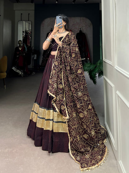 Aavya  Bandhej Print  With Gota Patti Deep Wine Lehenga Set
