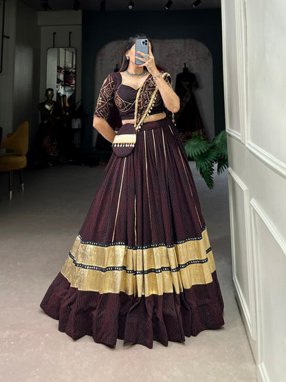 Aavya  Bandhej Print  With Gota Patti Deep Wine Lehenga Set