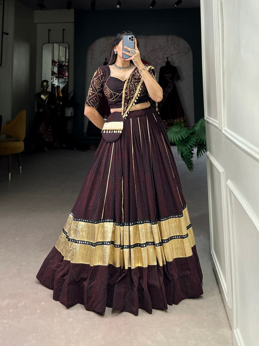 Aavya  Bandhej Print  With Gota Patti Deep Wine Lehenga Set