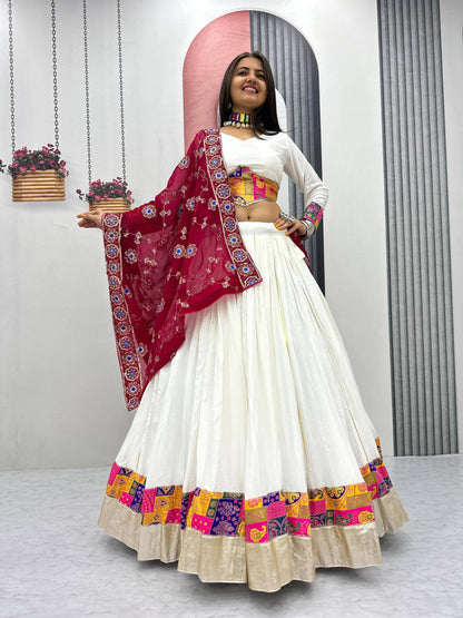 Raangvati White Mirror & Patchwork Lehenga with Maroon Embroidered Dupatta