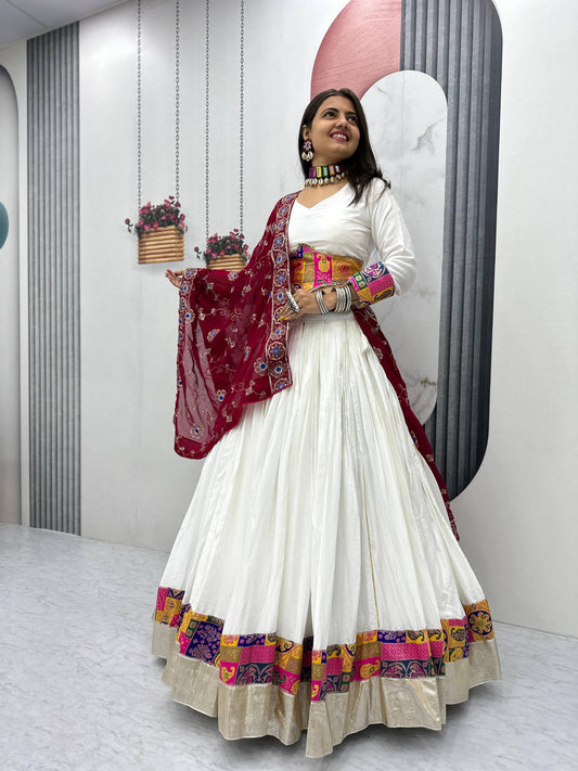 Raangvati White Mirror & Patchwork Lehenga with Maroon Embroidered Dupatta