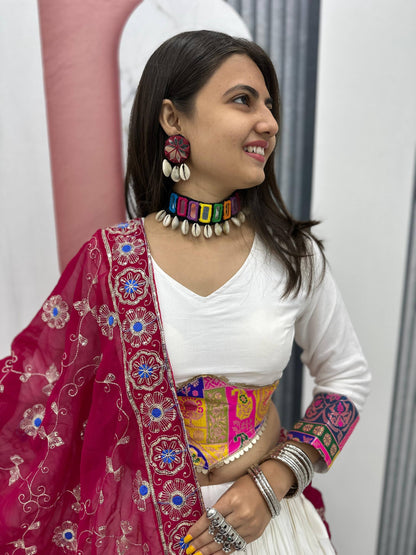 Raangvati White Mirror & Patchwork Lehenga with Maroon Embroidered Dupatta