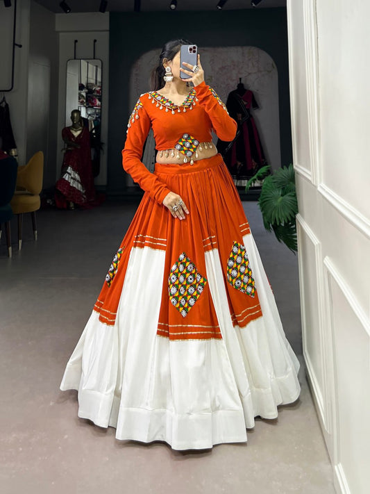 Kavya Orange & White Mirror Work and Shell Detailing  Lehenga Set