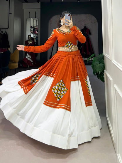 Kavya Orange & White Mirror Work and Shell Detailing  Lehenga Set