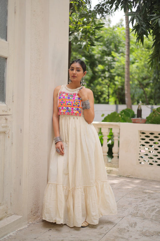 Aarzoo Off-White Kora Cotton with Multi Thread Embroidered Work Flared Dress