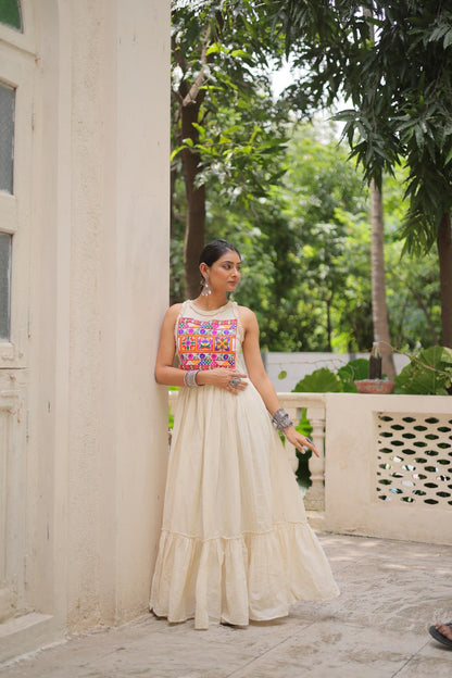 Aarzoo Off-White Kora Cotton with Multi Thread Embroidered Work Flared Dress