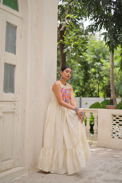 Aarzoo Off-White Kora Cotton with Multi Thread Embroidered Work Flared Dress
