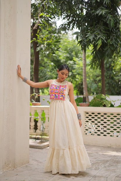 Aarzoo Off-White Kora Cotton with Multi Thread Embroidered Work Flared Dress