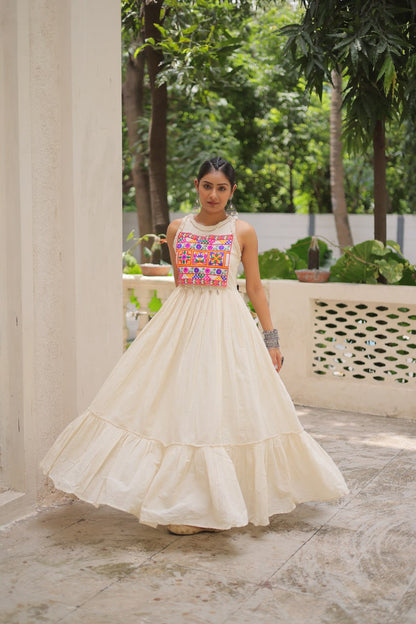 Aarzoo Off-White Kora Cotton with Multi Thread Embroidered Work Flared Dress