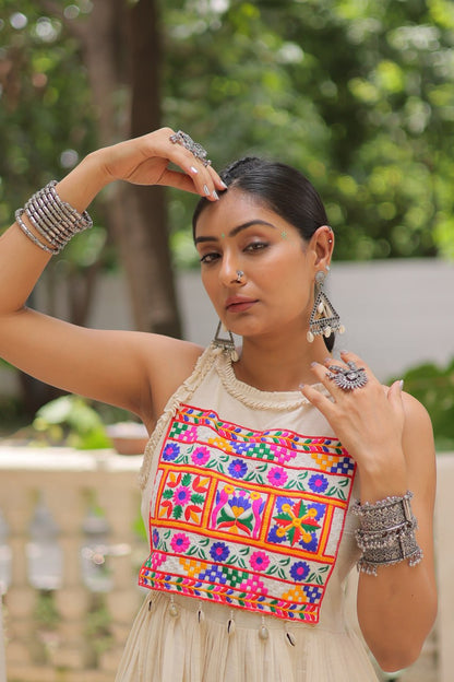 Aarzoo Off-White Kora Cotton with Multi Thread Embroidered Work Flared Dress
