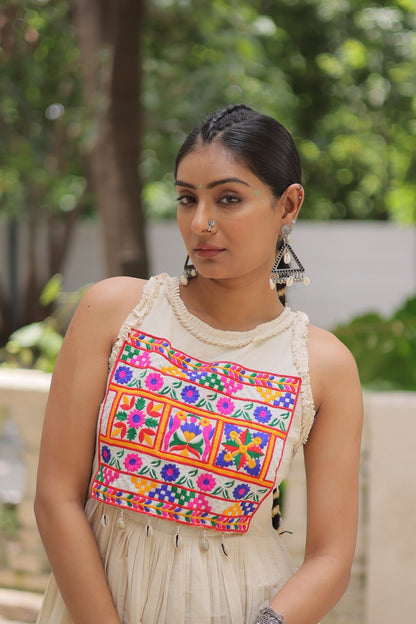 Aarzoo Off-White Kora Cotton with Multi Thread Embroidered Work Flared Dress