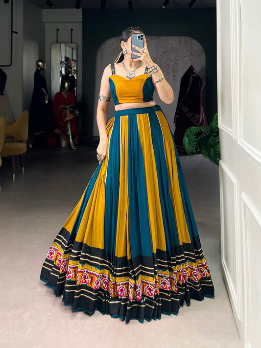 Vionaa’s Dandiya Delight: Mustard & Teal with Gold Detailing Lehenga Choli