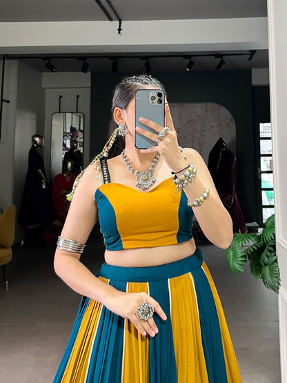 Vionaa’s Dandiya Delight: Mustard & Teal with Gold Detailing Lehenga Choli