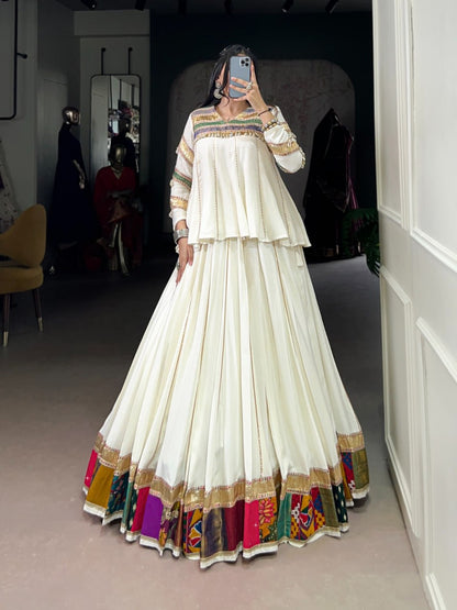 Navira in Ivory Mirror-Work Lehenga with Multicolour Border Magic