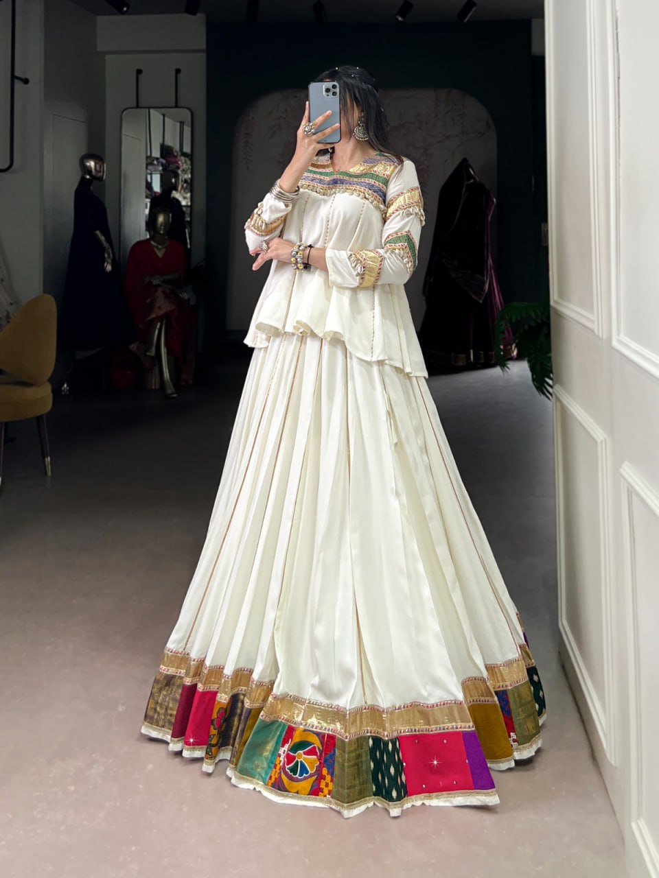 Navira in Ivory Mirror-Work Lehenga with Multicolour Border Magic