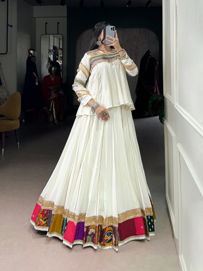 Navira in Ivory Mirror-Work Lehenga with Multicolour Border Magic