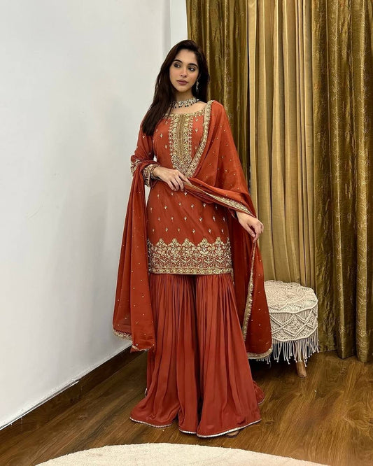 Adhara Designer New Simmer Silk Orange Plazzo Suit Set
