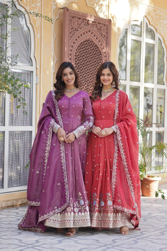 ropical Red & Purple Viscose Cosmos Anarkali Gown