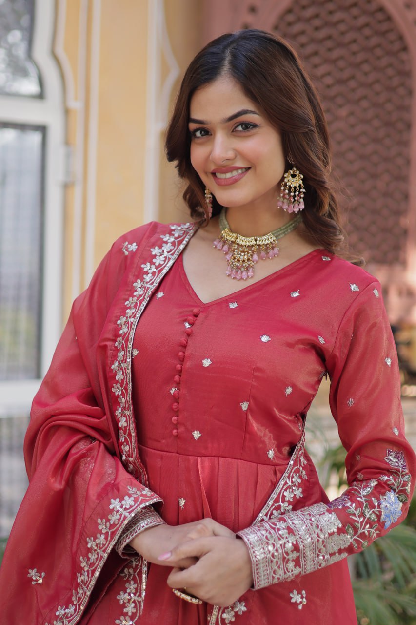 ropical Red & Purple Viscose Cosmos Anarkali Gown