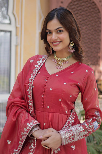 ropical Red & Purple Viscose Cosmos Anarkali Gown