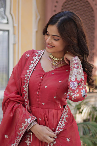 ropical Red & Purple Viscose Cosmos Anarkali Gown