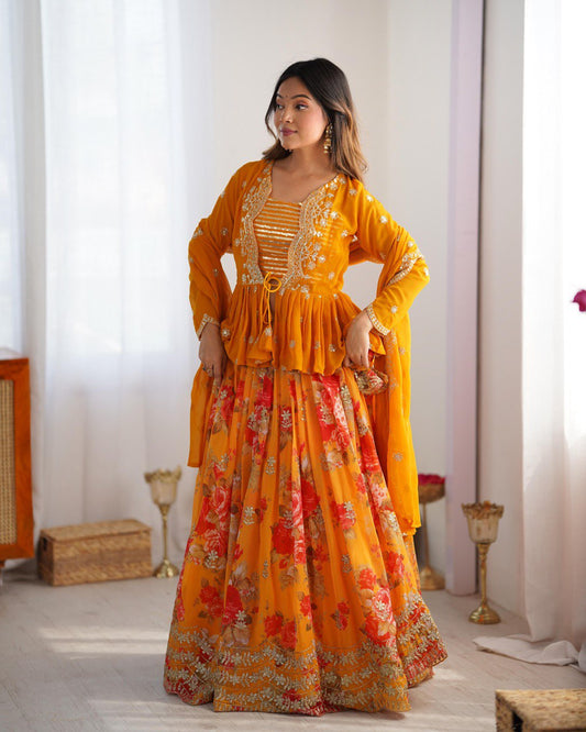 Twila mustard sunshine Foux Gorgette lehenga  Set