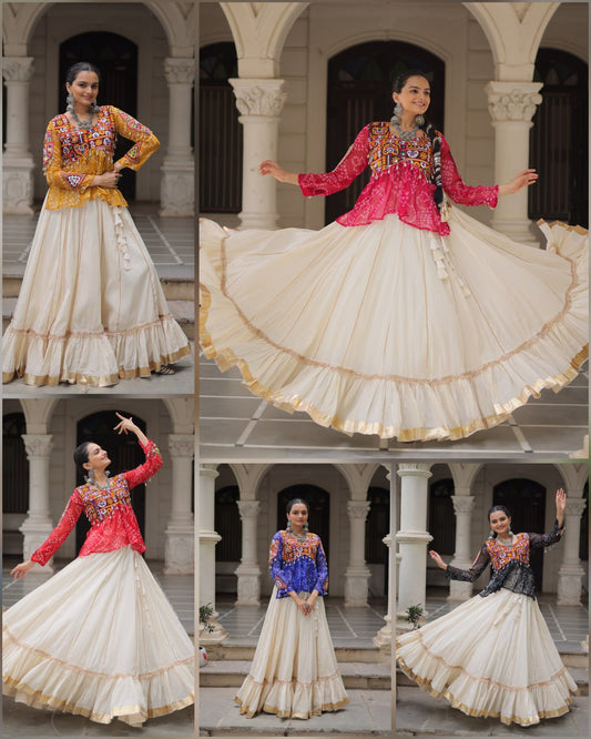 Regal Twirl  Ivory Lehenga with Colorful Kutch Work Jackets Choli