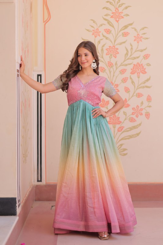 Royal Multicolor Bloom Readymade Designer Gown