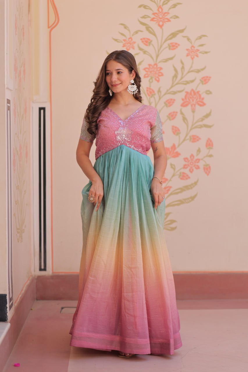Royal Multicolor Bloom Readymade Designer Gown