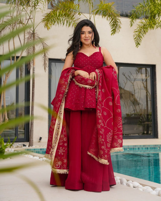 Flame Lily Red Tabby Organza Palazzo Suit