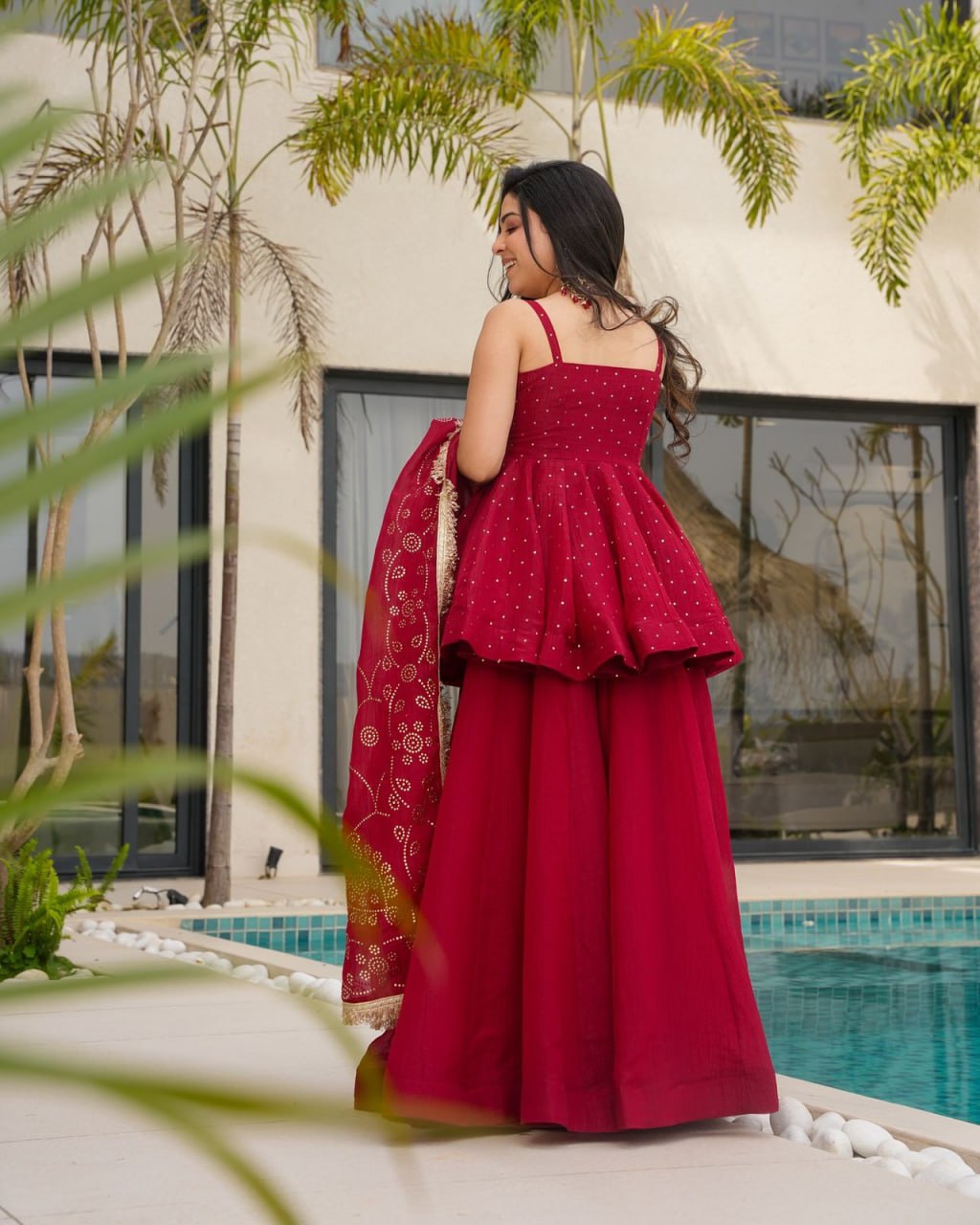 Flame Lily Red Tabby Organza Palazzo Suit