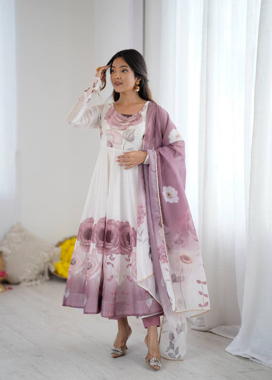 Rivaah Graceful Floral Charm White & Lavender Anarkali