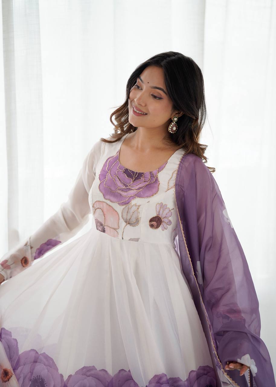 Rivaah Graceful Floral Charm White & Lavender Anarkali