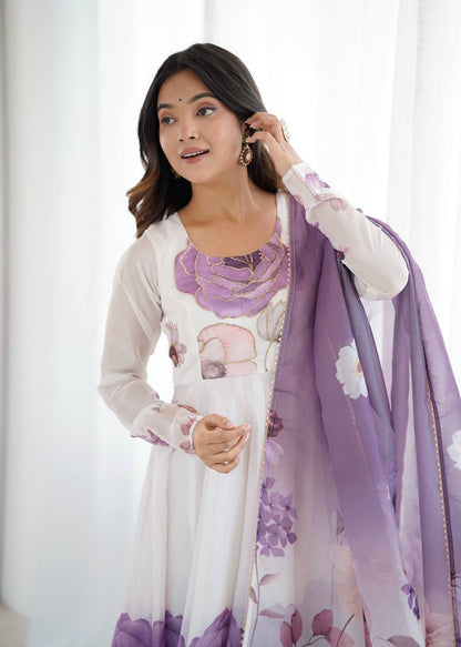 Rivaah Graceful Floral Charm White & Lavender Anarkali