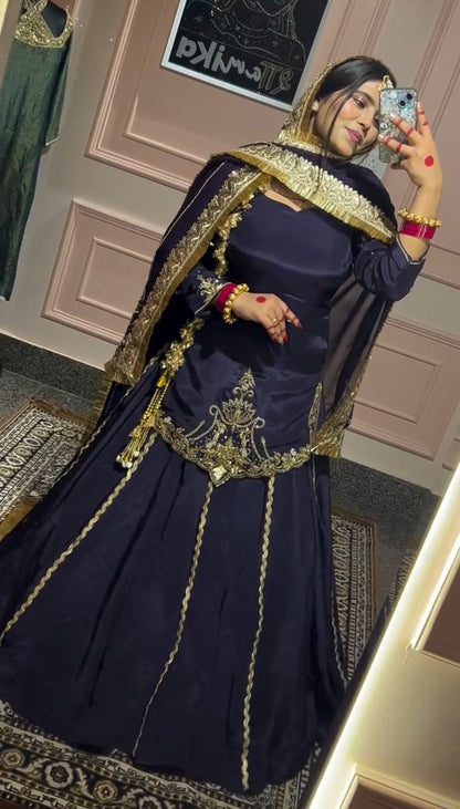 Zarlah Royale  Natural Crep Silk Dark  Blue Lehenga Set