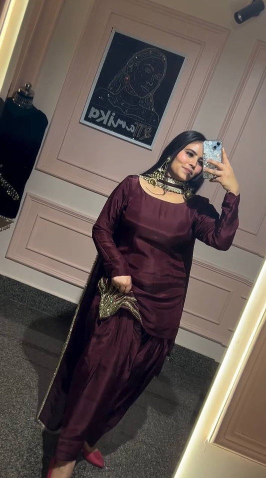 Maher Royal Maroon Golden Embroidery Patiala Suit Set