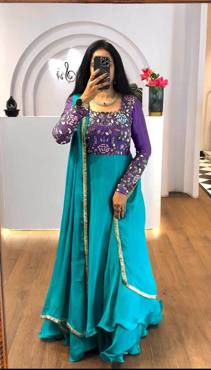 The Royal Contrast Embroidery Thread Work Trending Gown
