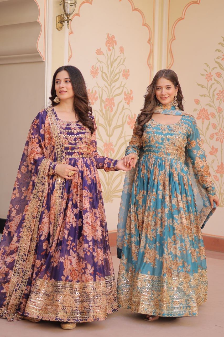 Kiara  Russian Silk Rich  Digital Print Readymade Gown