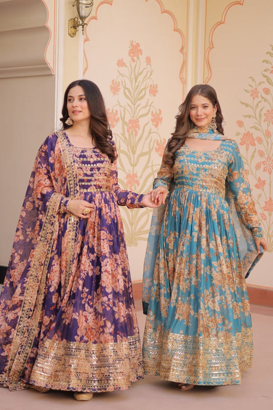 Kiara  Russian Silk Rich  Digital Print Readymade Gown