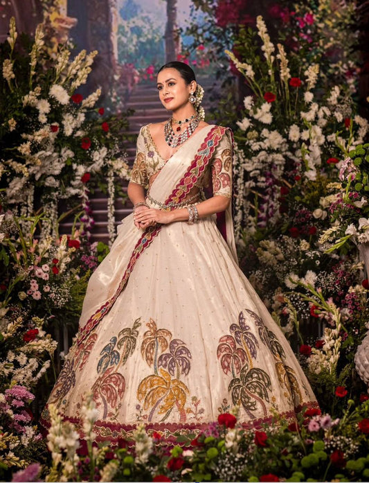 Noor E Bahar Tissue Simmer Silk  Lvory Lehenga  Set