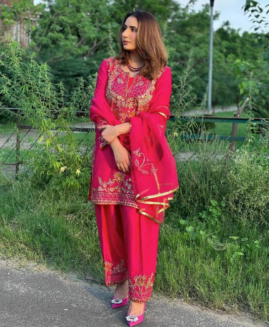 Naira Blooming Heavy Chinnon Silk Radiant Pink  Suit Set