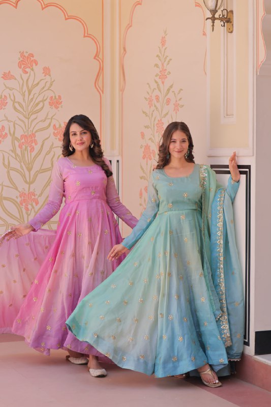 Meher Pastel Bloom  Pedding Gold Organza with  Multi Embroidered Work Gown