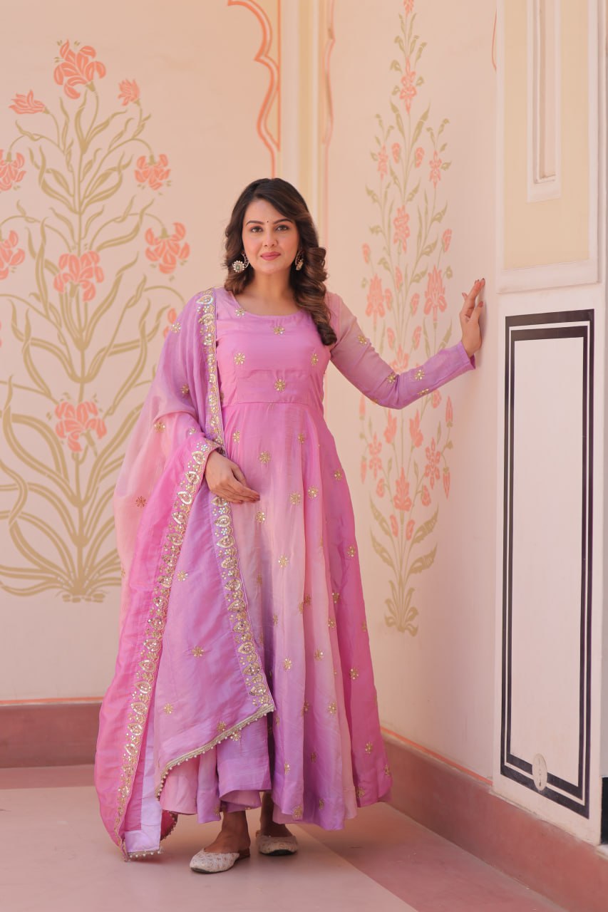 Meher Pastel Bloom  Pedding Gold Organza with  Multi Embroidered Work Gown